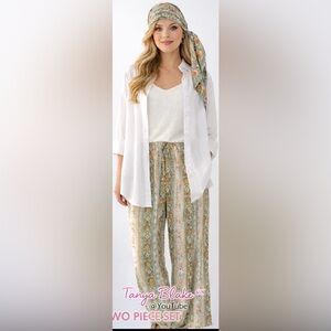 Floral Stripe Wide Leg Pants in Sage and Cream